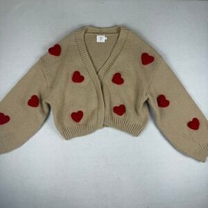 Luna Ivy Tan Chunky Knit Cardigan Red 3D Crochet Hearts Open Sweater Womens Sz L